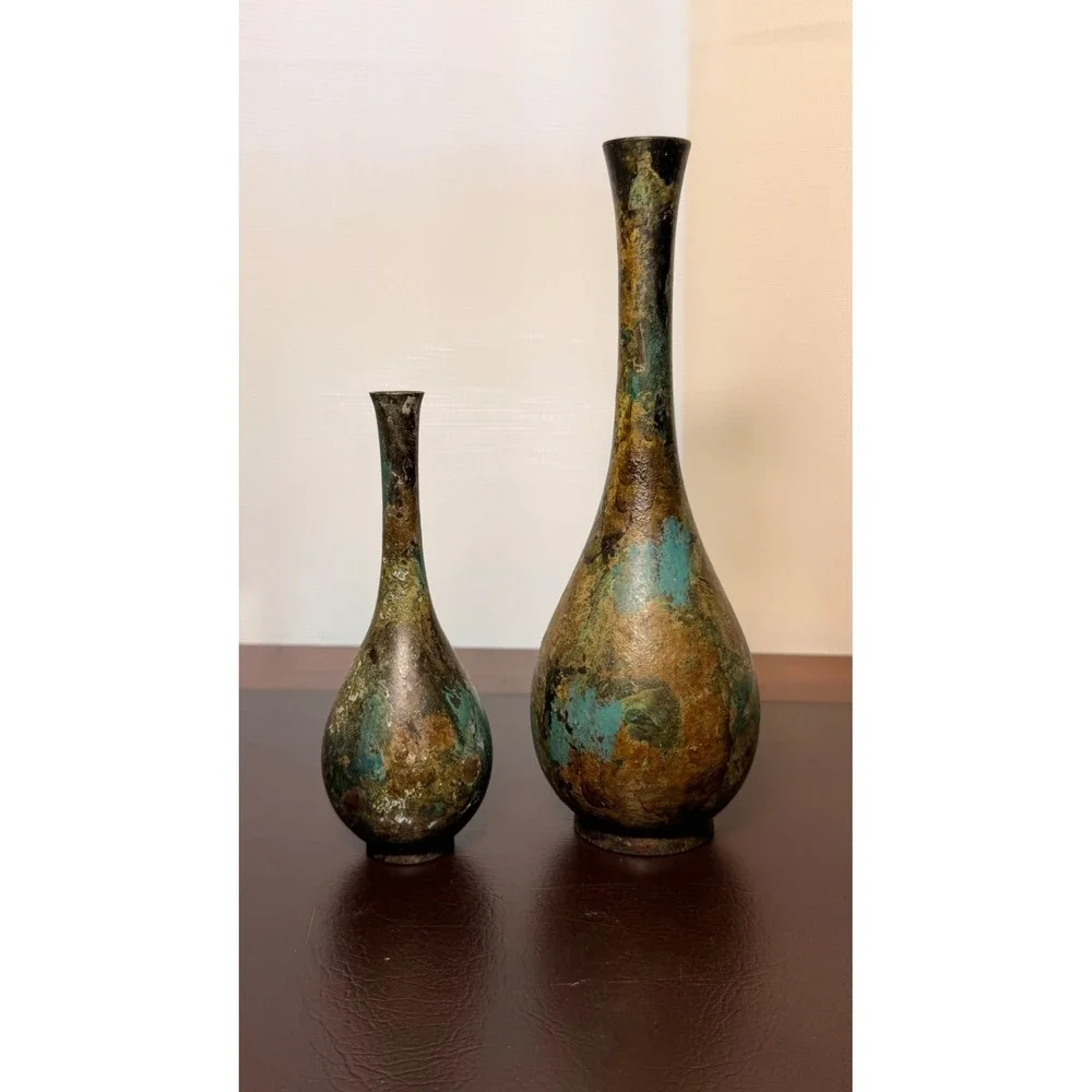 Vintage Japanese Style Patinated Bronze Solifleur Bud Vase Set Verdigris MCM